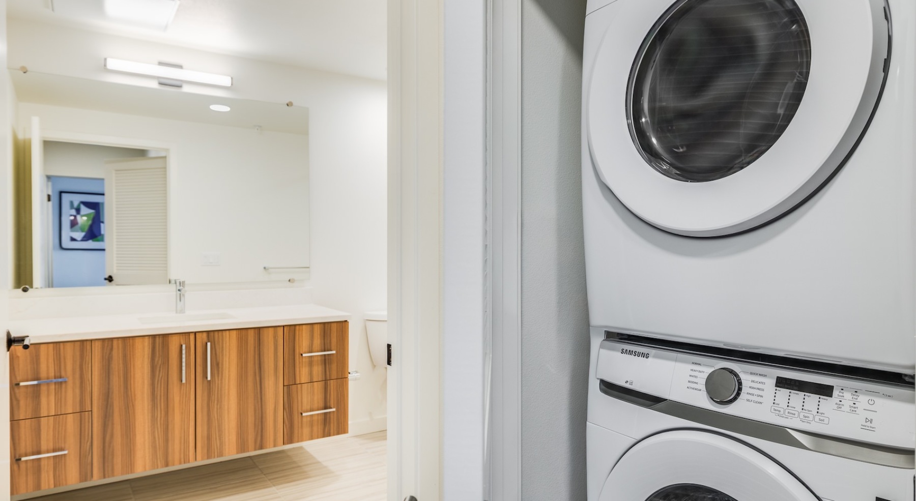 a laundry space near a bathroom