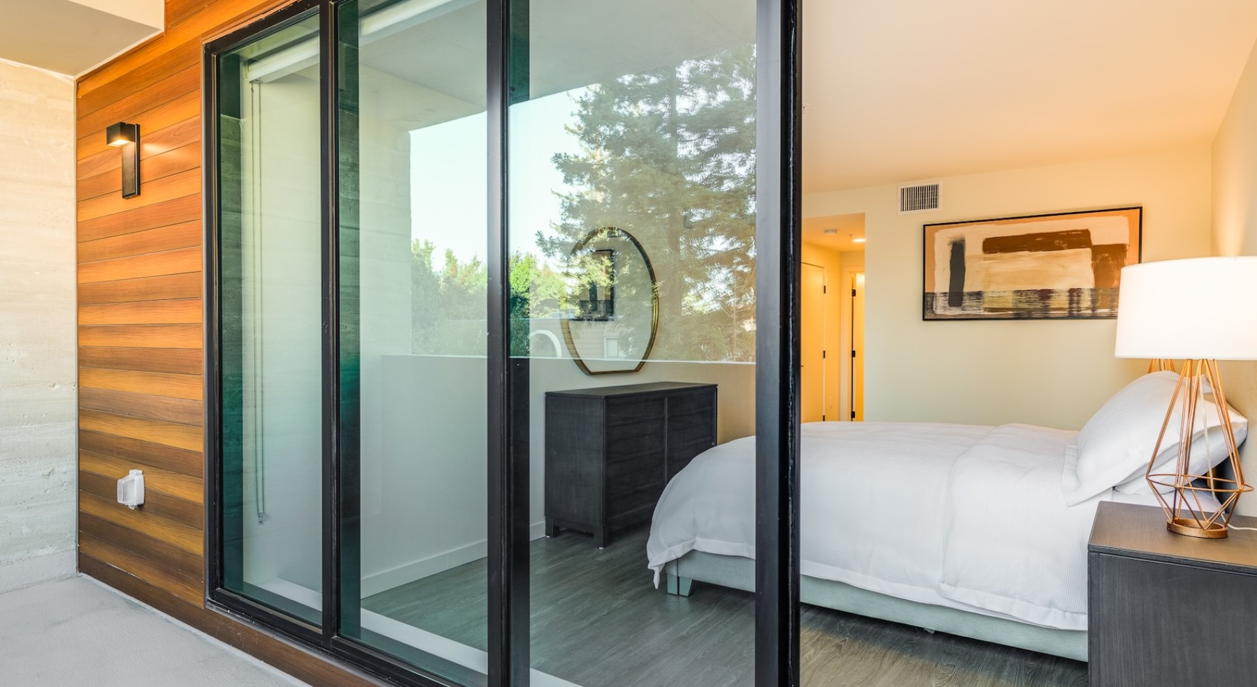 Bedroom with natural lighting and high ceilings